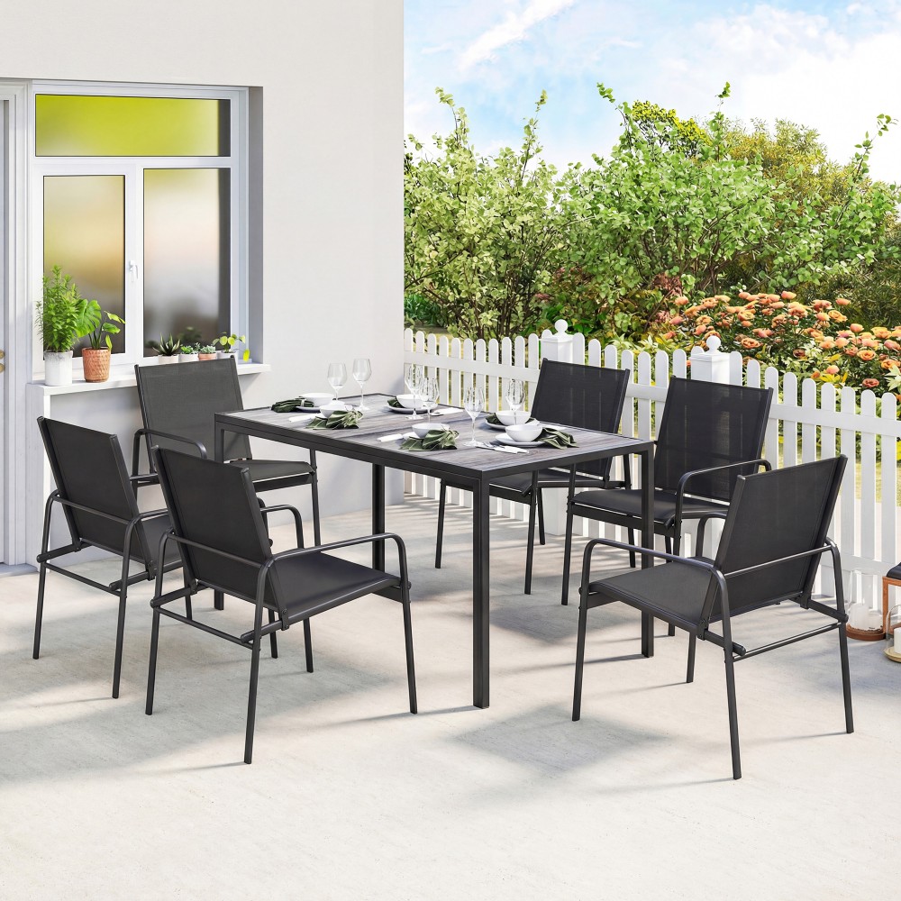 Σετ επίπλων κήπου ομάδα καθιστικών 150 x 80cm τραπέζι με 6 αναπνέουσες καρέκλες με ξύλινο ατσάλι μαύρο πλαίσιο