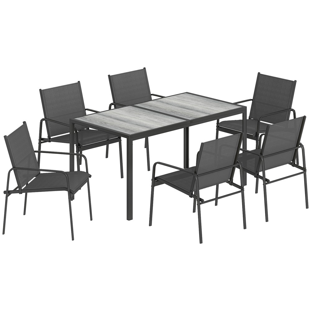 Σετ επίπλων κήπου ομάδα καθιστικών 150 x 80cm τραπέζι με 6 αναπνέουσες καρέκλες με ξύλινο ατσάλι μαύρο πλαίσιο