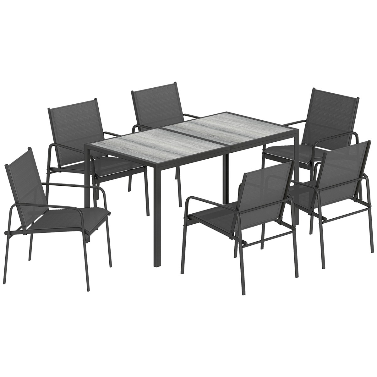 Σετ επίπλων κήπου ομάδα καθιστικών 150 x 80cm τραπέζι με 6 αναπνέουσες καρέκλες με ξύλινο ατσάλι μαύρο πλαίσιο