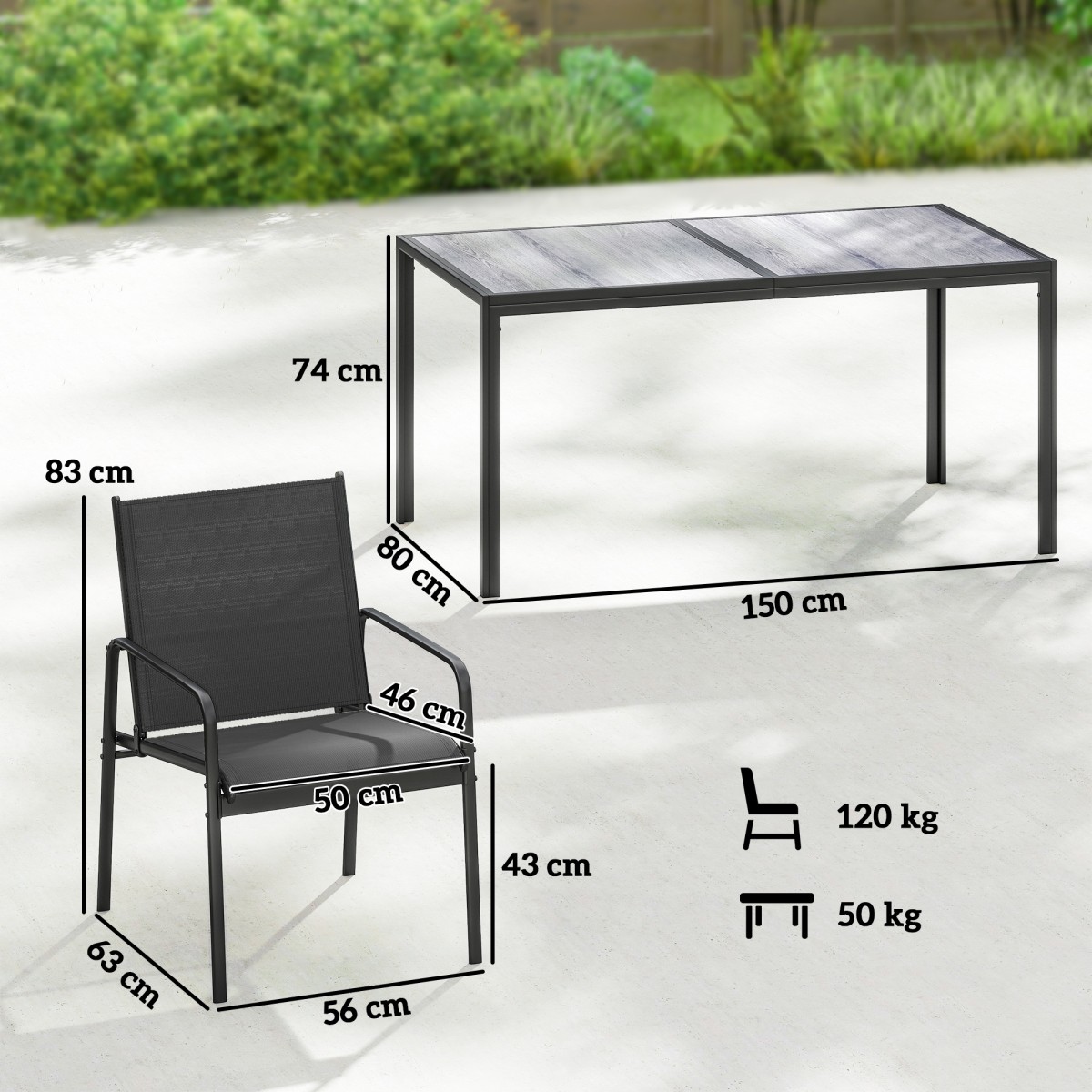 Σετ επίπλων κήπου ομάδα καθιστικών 150 x 80cm τραπέζι με 6 αναπνέουσες καρέκλες με ξύλινο ατσάλι μαύρο πλαίσιο