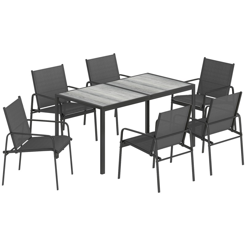 Σετ επίπλων κήπου ομάδα καθιστικών 150 x 80cm τραπέζι με 6 αναπνέουσες καρέκλες με ξύλινο ατσάλι μαύρο πλαίσιο