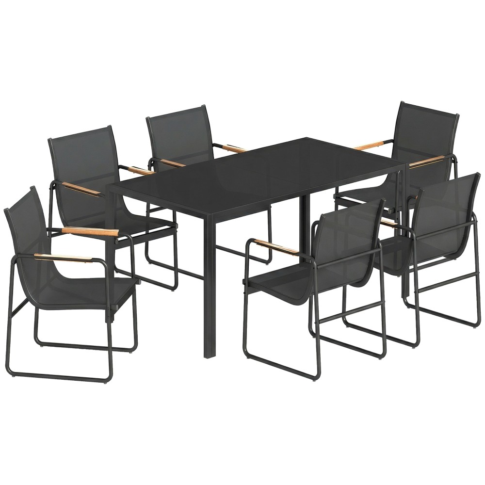 Σετ επίπλων κήπου ομάδα καθιστικών 150 x 80cm γυάλινο τραπέζι με 6 αναπνέουσες καρέκλες διακοσμητικά μπράτσα μαύρα