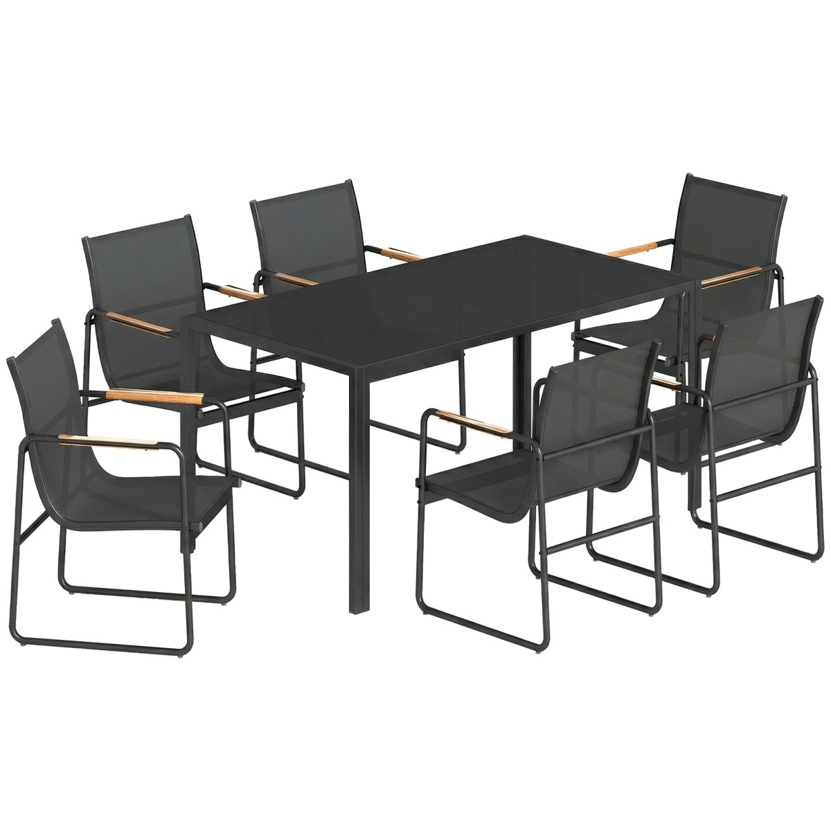 Σετ επίπλων κήπου ομάδα καθιστικών 150 x 80cm γυάλινο τραπέζι με 6 αναπνέουσες καρέκλες διακοσμητικά μπράτσα μαύρα