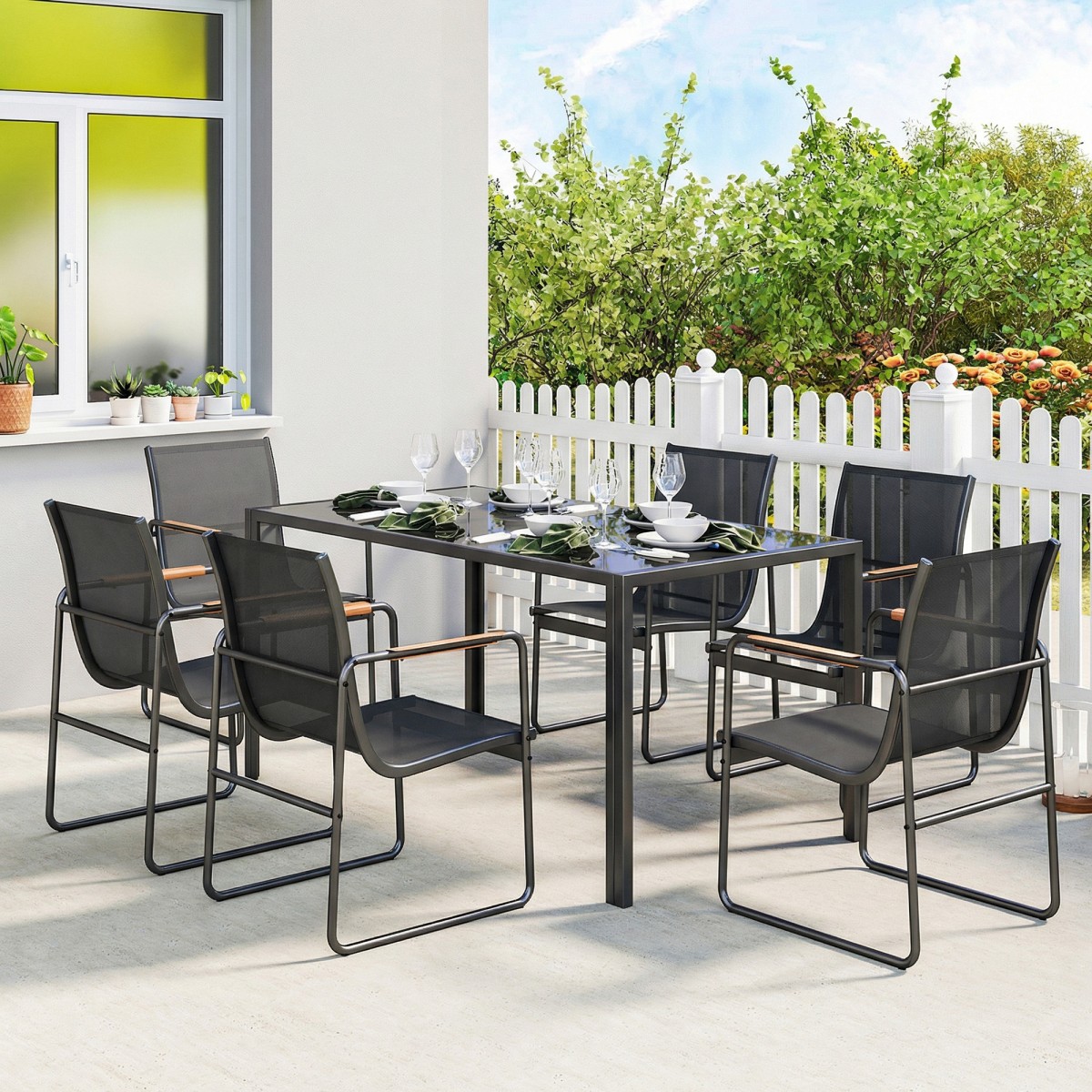 Σετ επίπλων κήπου ομάδα καθιστικών 150 x 80cm γυάλινο τραπέζι με 6 αναπνέουσες καρέκλες διακοσμητικά μπράτσα μαύρα