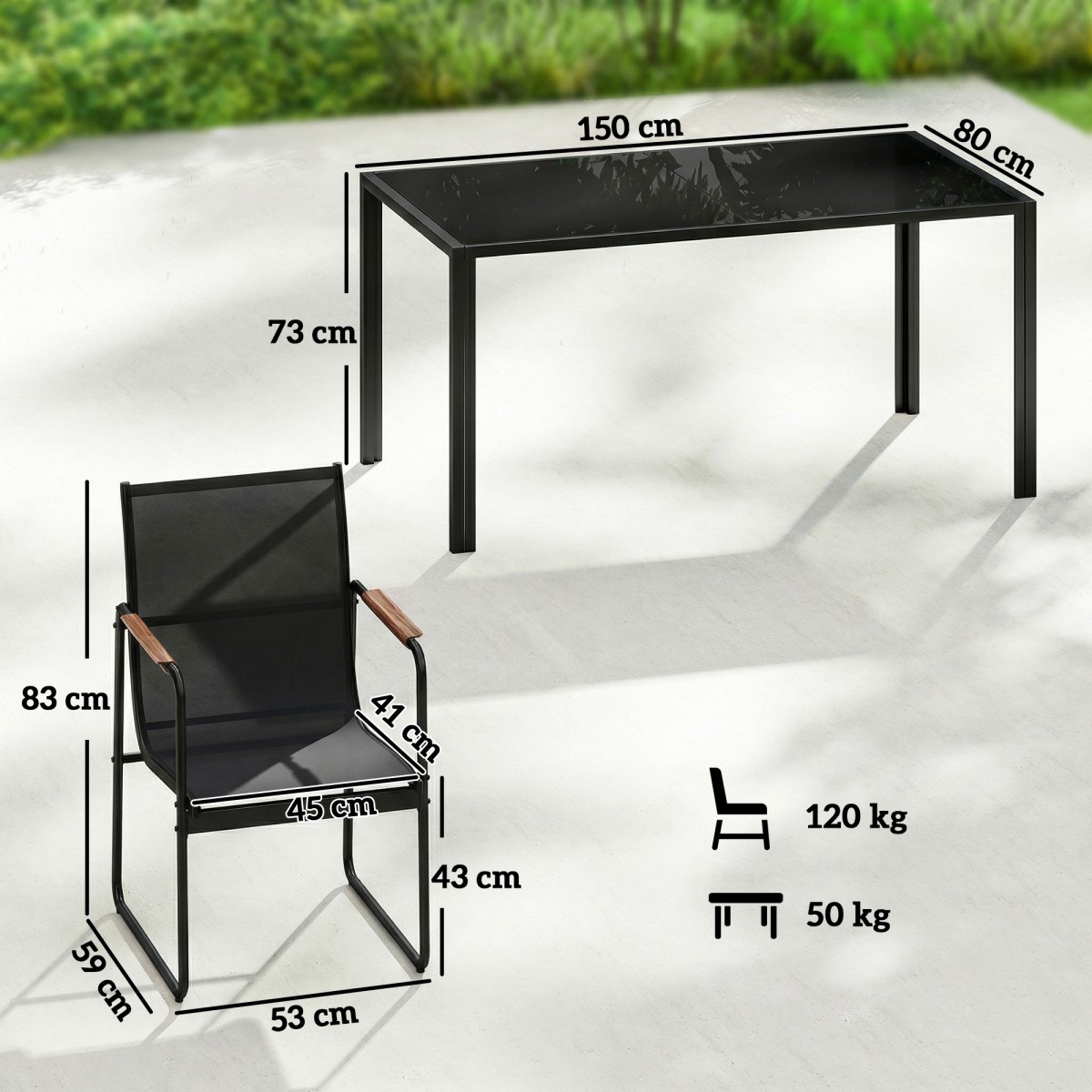 Σετ επίπλων κήπου ομάδα καθιστικών 150 x 80cm γυάλινο τραπέζι με 6 αναπνέουσες καρέκλες διακοσμητικά μπράτσα μαύρα