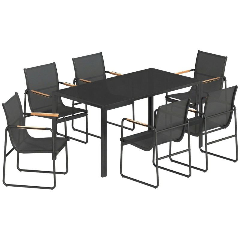 Σετ επίπλων κήπου ομάδα καθιστικών 150 x 80cm γυάλινο τραπέζι με 6 αναπνέουσες καρέκλες διακοσμητικά μπράτσα μαύρα