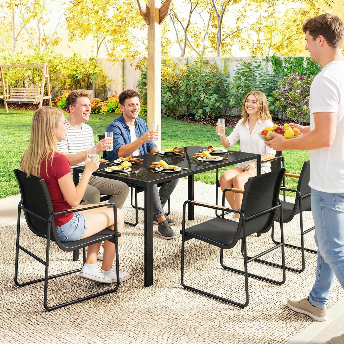 Σετ επίπλων κήπου ομάδα καθιστικών 150 x 80cm γυάλινο τραπέζι με 6 αναπνέουσες καρέκλες διακοσμητικά μπράτσα μαύρα