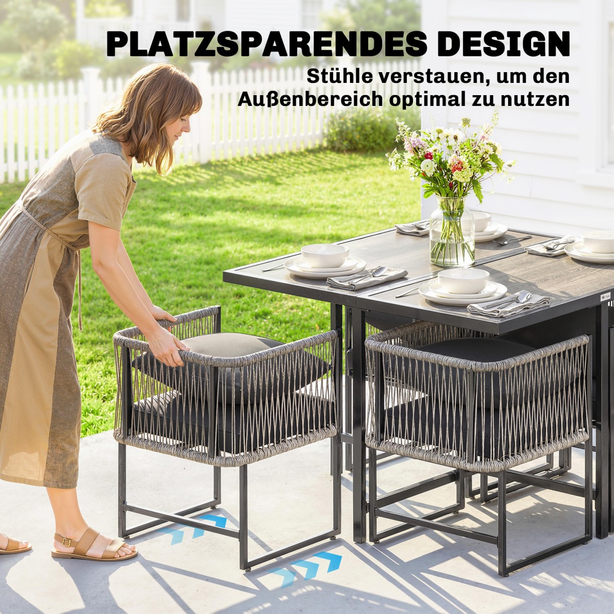 Σετ επίπλων κήπου Polyrattan, 5 τεμαχίων, ομάδα καθιστικών που εξοικονομεί χώρο, τραπέζι με 4 καρέκλες, μαξιλάρια τραπεζιού DPC, γκρι