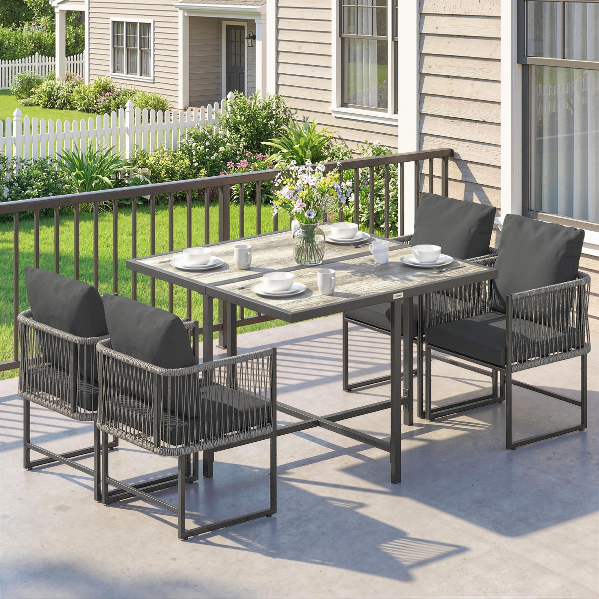 Σετ επίπλων κήπου Polyrattan, 5 τεμαχίων, ομάδα καθιστικών που εξοικονομεί χώρο, τραπέζι με 4 καρέκλες, μαξιλάρια τραπεζιού DPC, γκρι