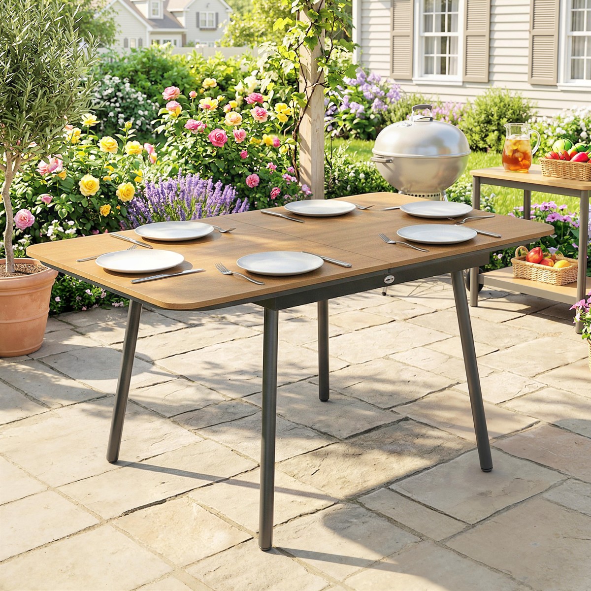 Τραπέζι κήπου 140 x 80 cm για 6 άτομα, ανθεκτική στη σκουριά τραπεζαρία εξωτερικού χώρου με τραπεζάκι WPC, ρυθμιζόμενα πόδια, τικ