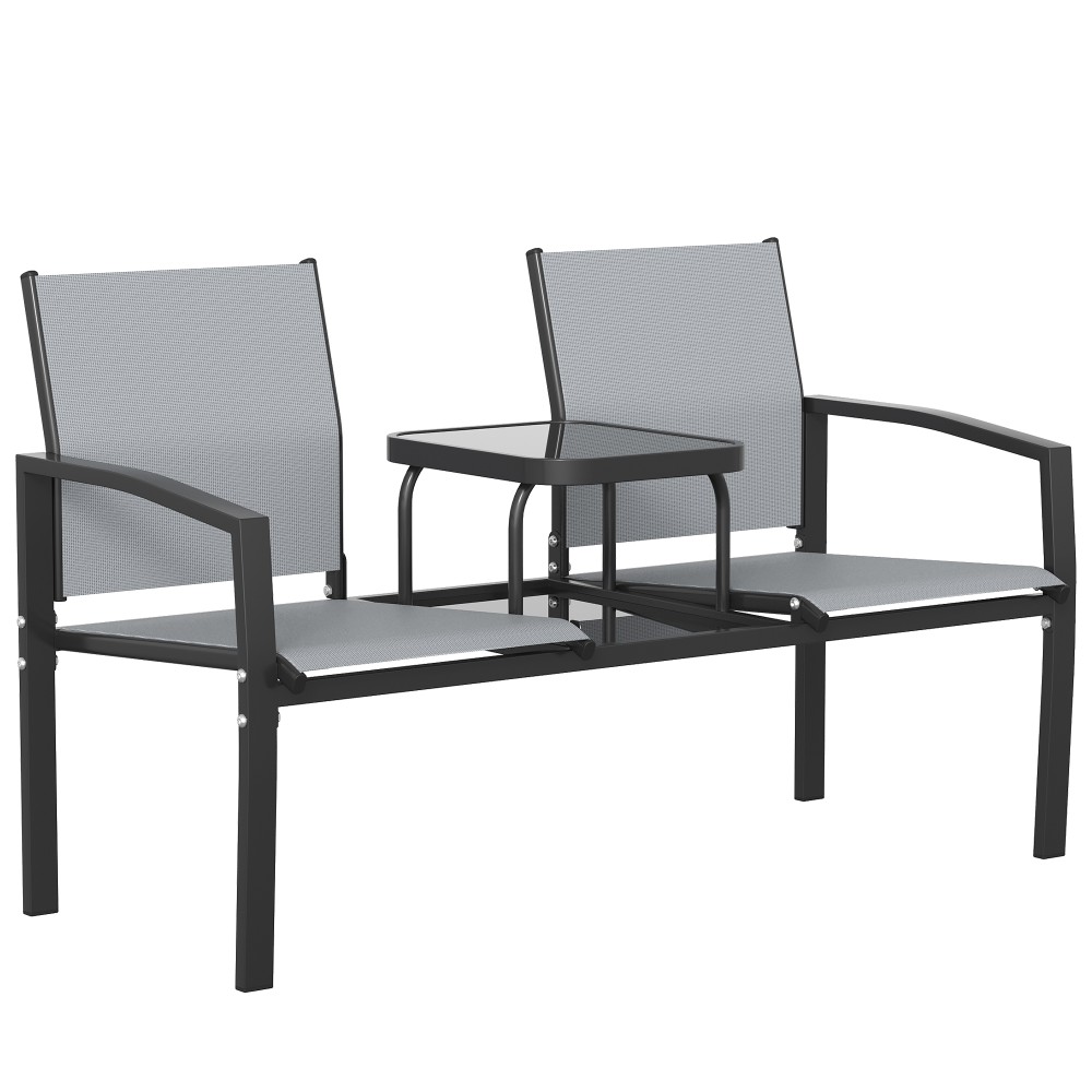 Πάγκος κήπου 2 θέσεων με πλάτη και υποβραχιόνια, γυάλινο τραπέζι πάγκου πάρκου 2 επιπέδων, φορτίο 240 kg 135 x 67 x 81 cm γκρι