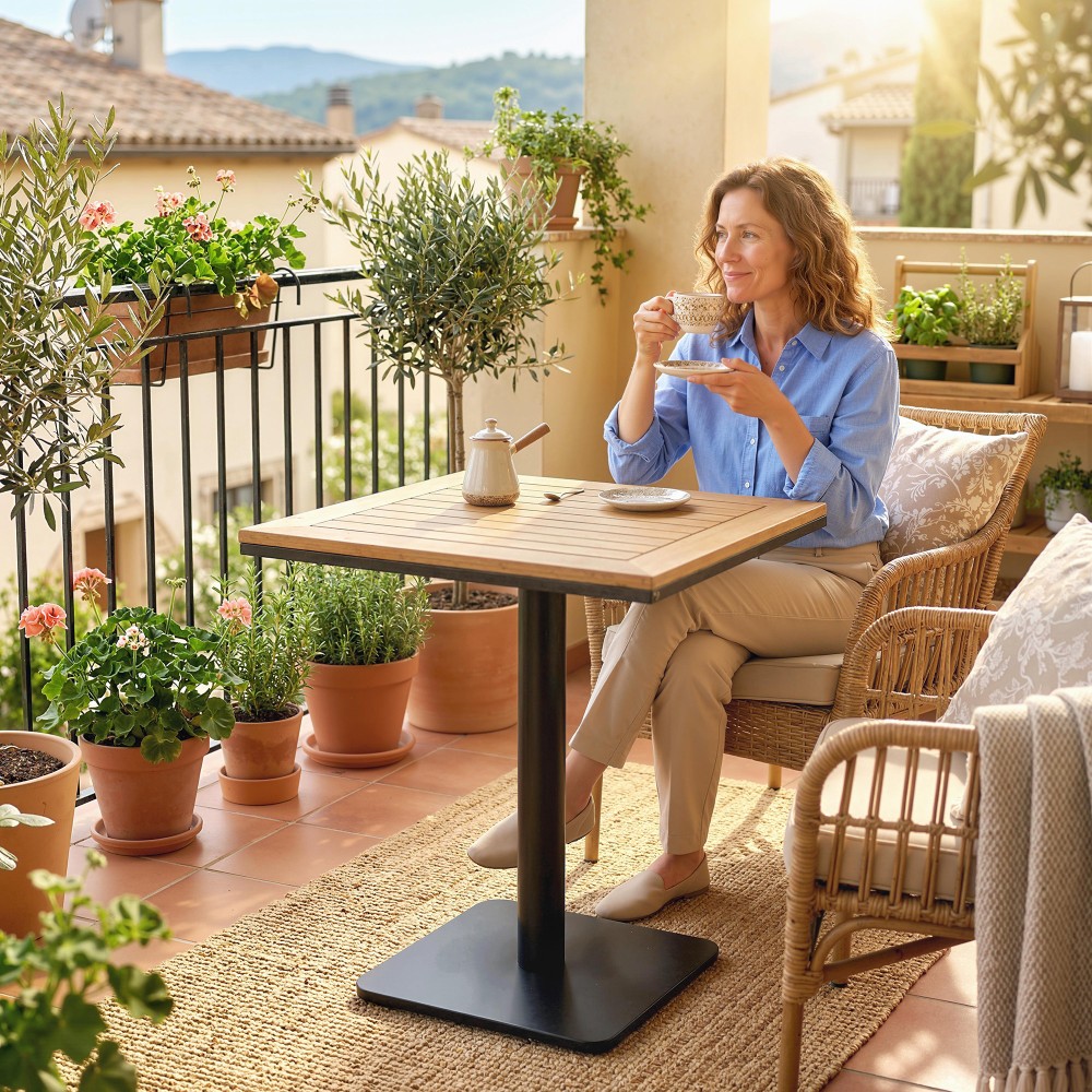Βοηθητικό τραπέζι 70 x 70 cm, ανθεκτικό στις καιρικές συνθήκες Τραπέζι κήπου με φαρδιά βάση από ξύλο, τετράγωνο φυσικό ξύλο