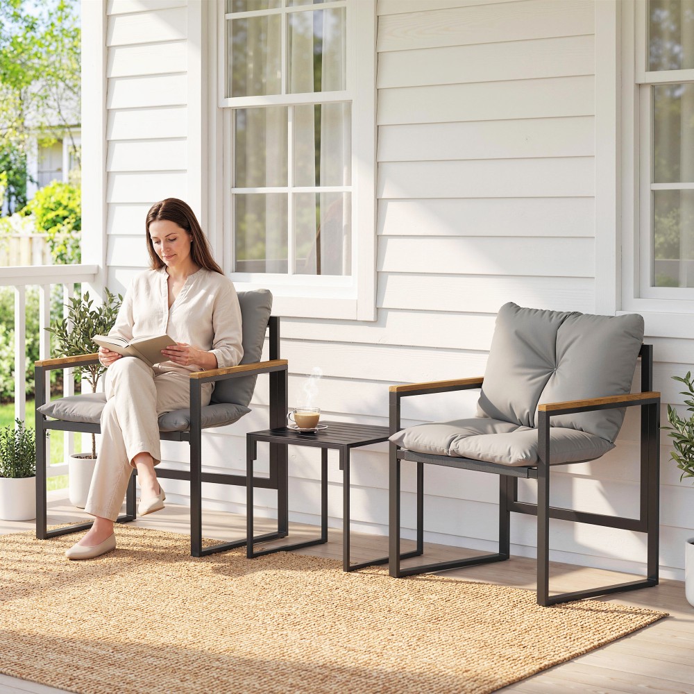 Σετ μπιστρό για 2 άτομα, σετ μπιστρό κήπου 3 τεμαχίων με μεταλλικό σκελετό και χοντρά μαξιλάρια