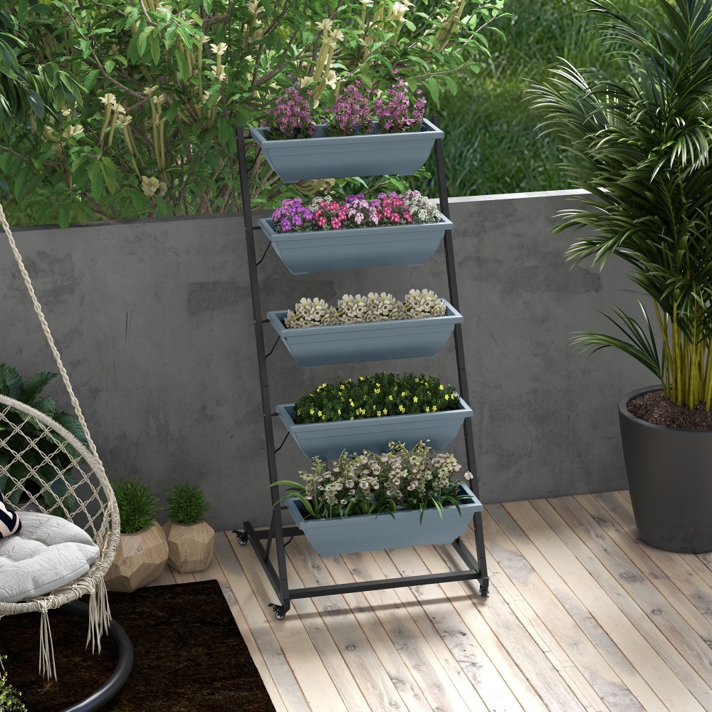 Plant Stairs Flower Stairs Ράφι φυτών Stackable Weather Resistant 65 x 67 x 145 cm Γκρι + Μαύρο