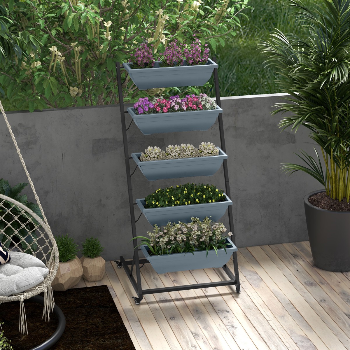 Plant Stairs Flower Stairs Ράφι φυτών Stackable Weather Resistant 65 x 67 x 145 cm Γκρι + Μαύρο