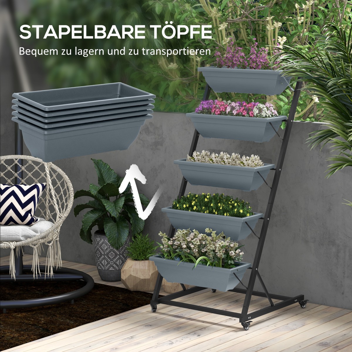Plant Stairs Flower Stairs Ράφι φυτών Stackable Weather Resistant 65 x 67 x 145 cm Γκρι + Μαύρο