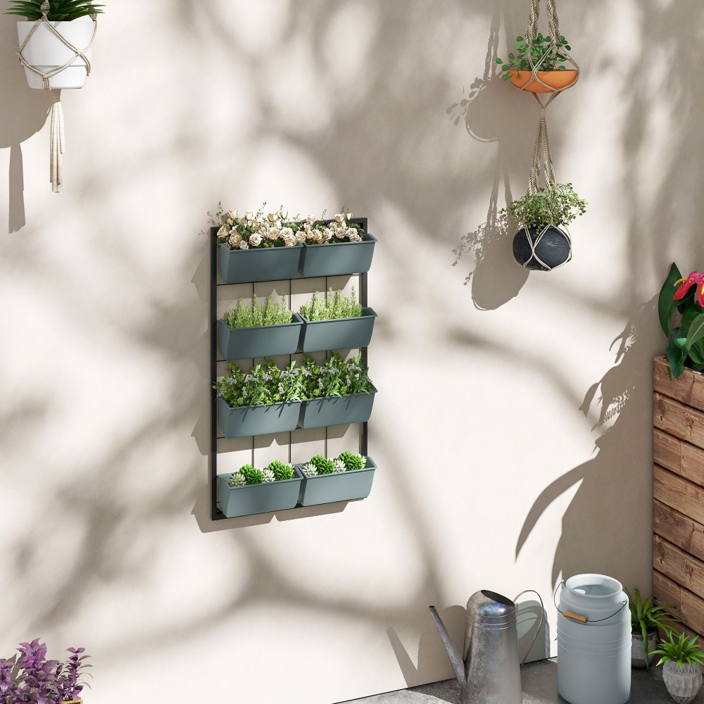 Plant Stairs Flower Stairs 8 Plant Boxes Stackable Weather Resistant 52,5 x 14 x 90 cm Γκρι + Μαύρο