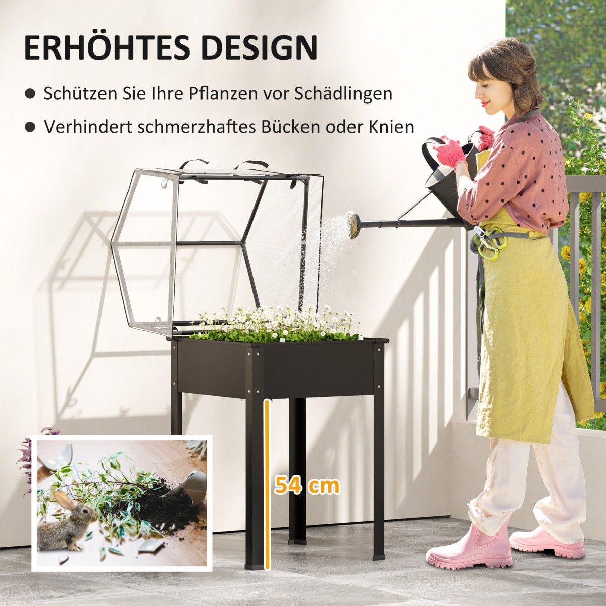 Υπερυψωμένο κρεβάτι με στέγη θερμοκηπίου, υπερυψωμένο φυτικό κουτί με τρύπες αποστράγγισης, 60 x 60 x 120 cm, μαύρο