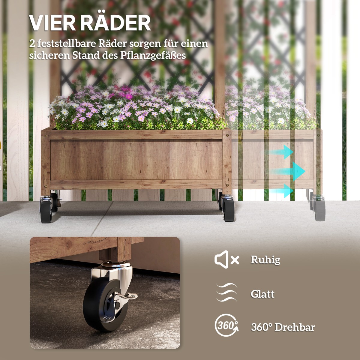 Σετ 2 κουτιά φυτών υπερυψωμένου κρεβατιού με ρολά, πέργκολα, γλάστρα για φυτά, κουτί με λουλούδια, ξύλο, 52 x 25 x 97 cm, καφέ