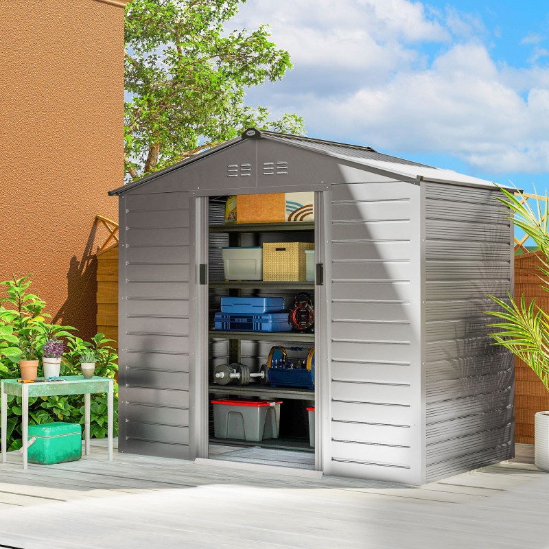 2,43 ㎡ υπόστεγο εργαλείων, 213 x 131 x 192 cm υπόστεγο εργαλείων με δίρριχτη οροφή, συρόμενη πόρτα που κλειδώνει, ανθεκτικό στις καιρικές συνθήκες, γκρι
