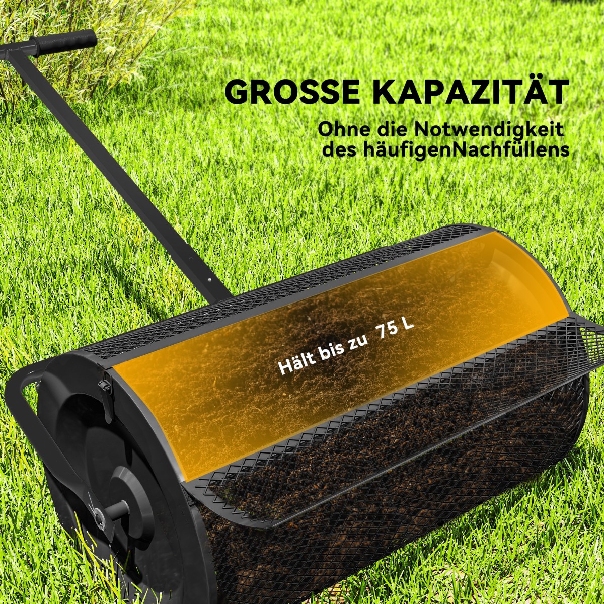 Διανομέας κομποστοποίησης 75L 61x40cm Λιπασματοδιανομέας γκαζόν κήπου με διχτυωτό χερούλι Τ καλάθι μεταλλικό μαύρο