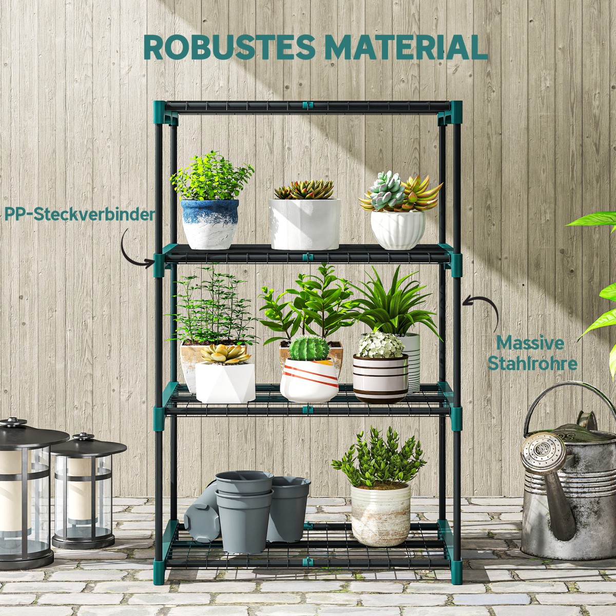 Βάση φυτών 4 επιπέδων, βάση λουλουδιών ύψους 105 cm για εσωτερική χρήση σε εξωτερικό χώρο, ράφι φυτών από χάλυβα σκούρο πράσινο