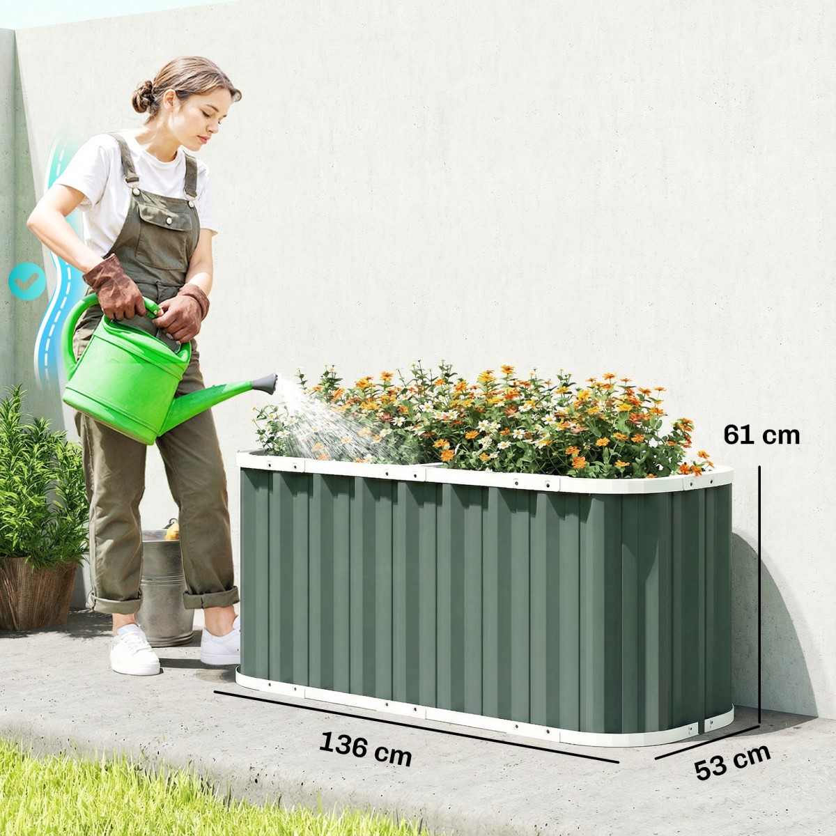 Υπερυψωμένο κρεβάτι μεταλλικό 136 x 53 x 61 cm κρεβάτι κήπου βάθους με προστατευτικές άκρες ετικέτες φυτών γάντια ανοιχτό έδαφος