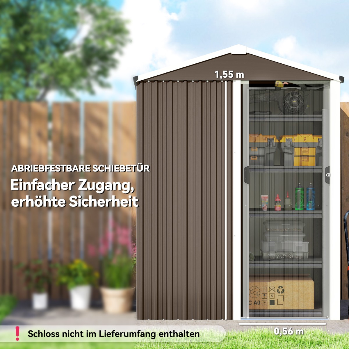 Μεταλλικό υπόστεγο εργαλείων 1,1 m², υπόστεγο εργαλείων με δίρριχτη οροφή, συρόμενη πόρτα που κλειδώνει, γάντια, 136 x 87 x 179 cm