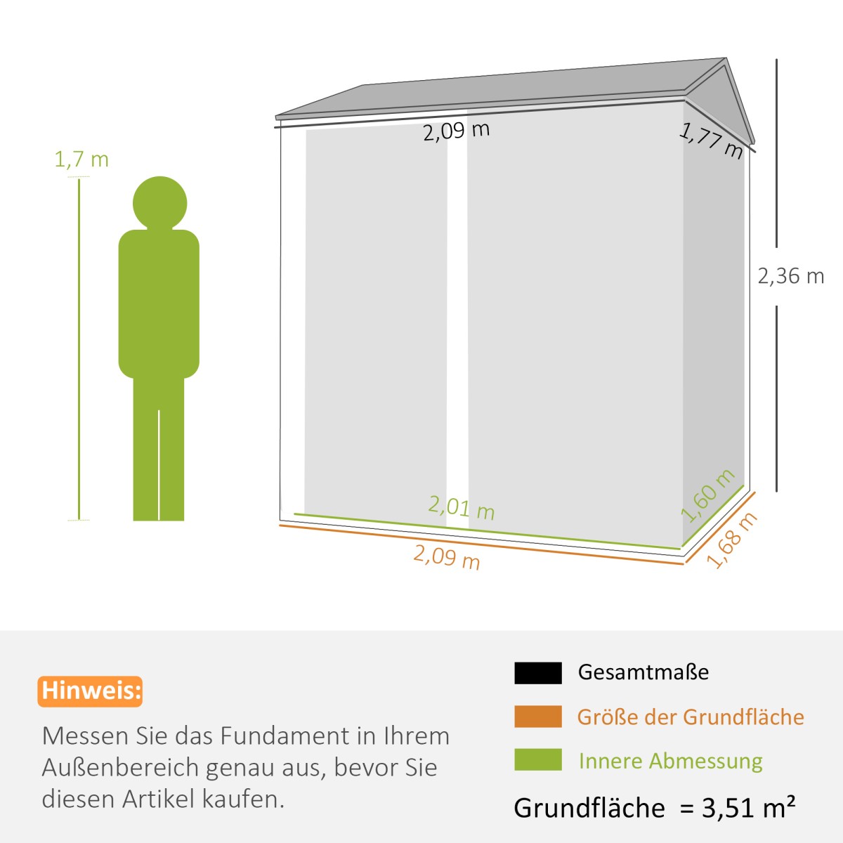 Μεταλλικό υπόστεγο εργαλείων 3,5 m², ψηλό υπόστεγο εργαλείων που κλειδώνει με γάντια αερισμού οροφής σέλας, 209 x 177 x 236 cm