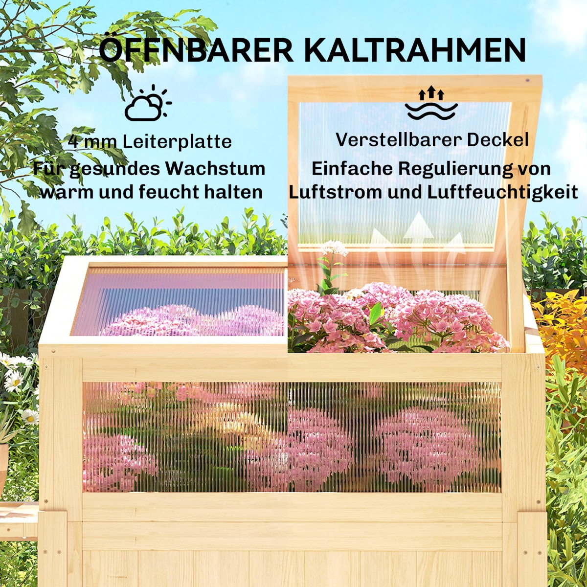 Υπερυψωμένο κρεβάτι με εξάρτημα κρύου σκελετού από ξύλο, κουτί φυτών με θερμοκήπιο, πτυσσόμενο βοηθητικό τραπέζι, αποθηκευτικός χώρος, φυσικό ξύλο