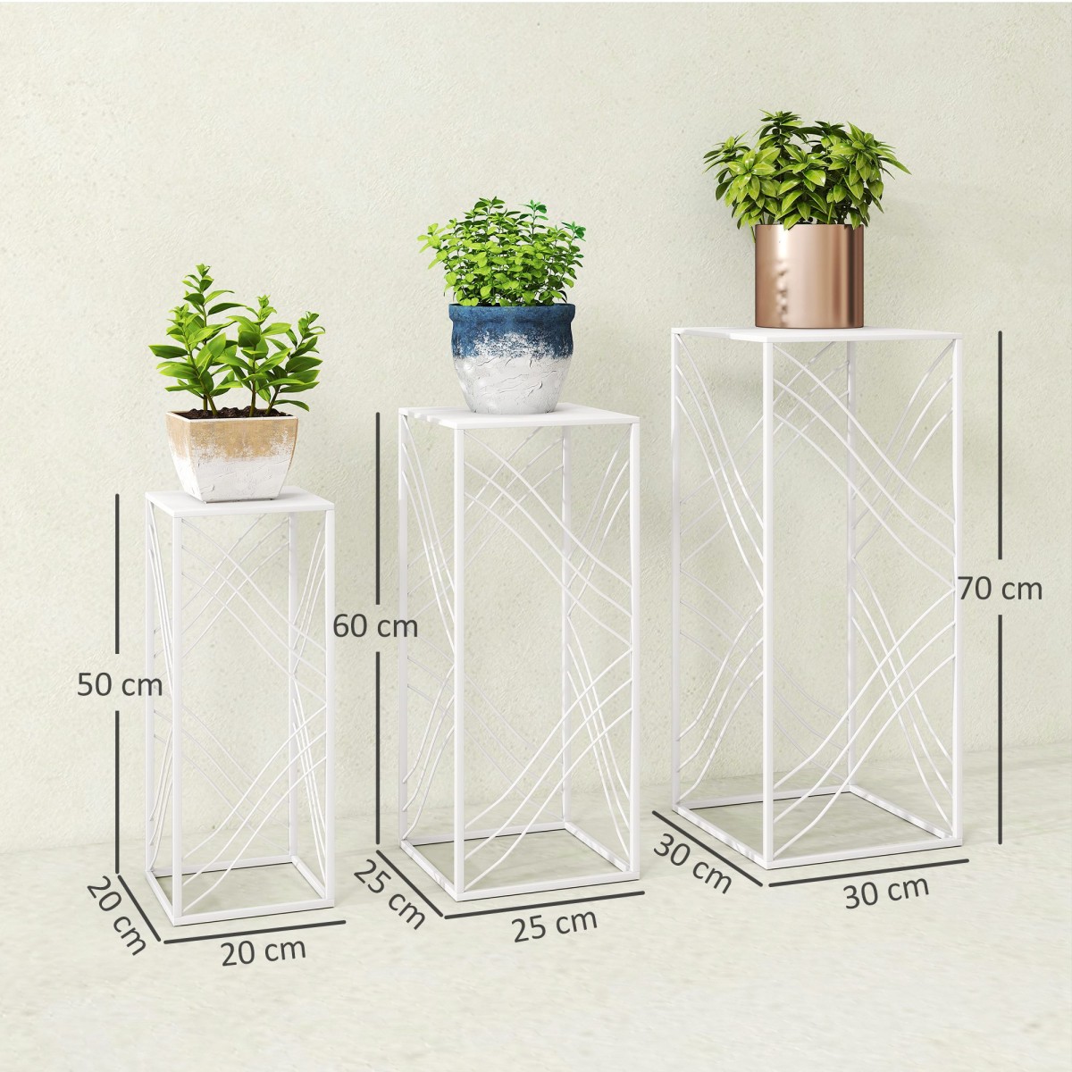 Σετ 3 σταντ για φυτά, λουλουδάκια ύψους 50/60/70 cm, στοιβαζόμενα ράφια φυτών από λευκό μέταλλο