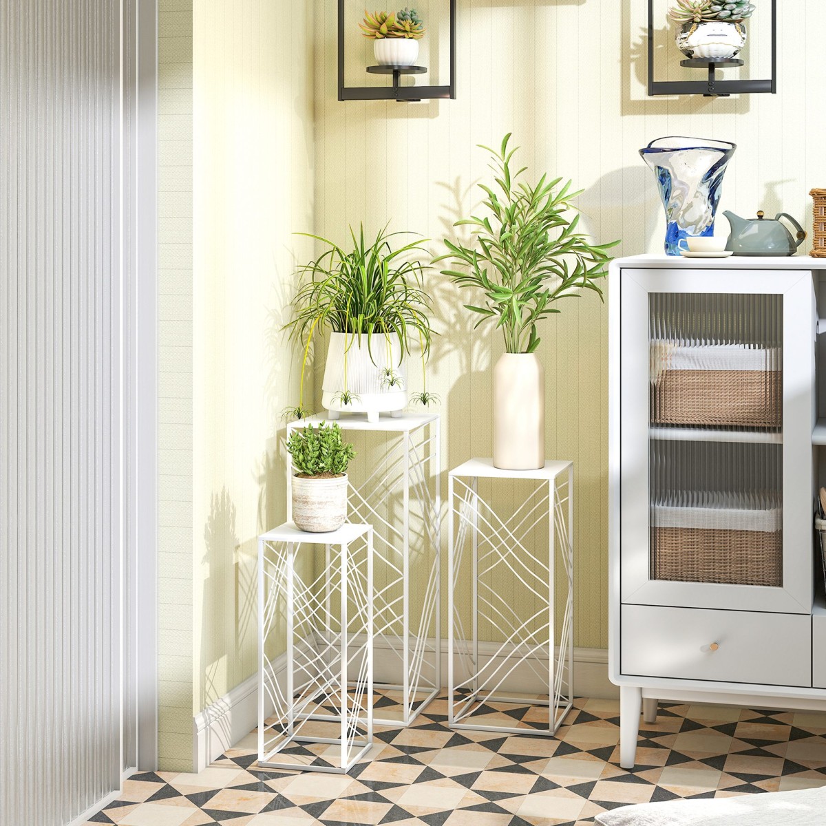 Σετ 3 σταντ για φυτά, λουλουδάκια ύψους 50/60/70 cm, στοιβαζόμενα ράφια φυτών από λευκό μέταλλο