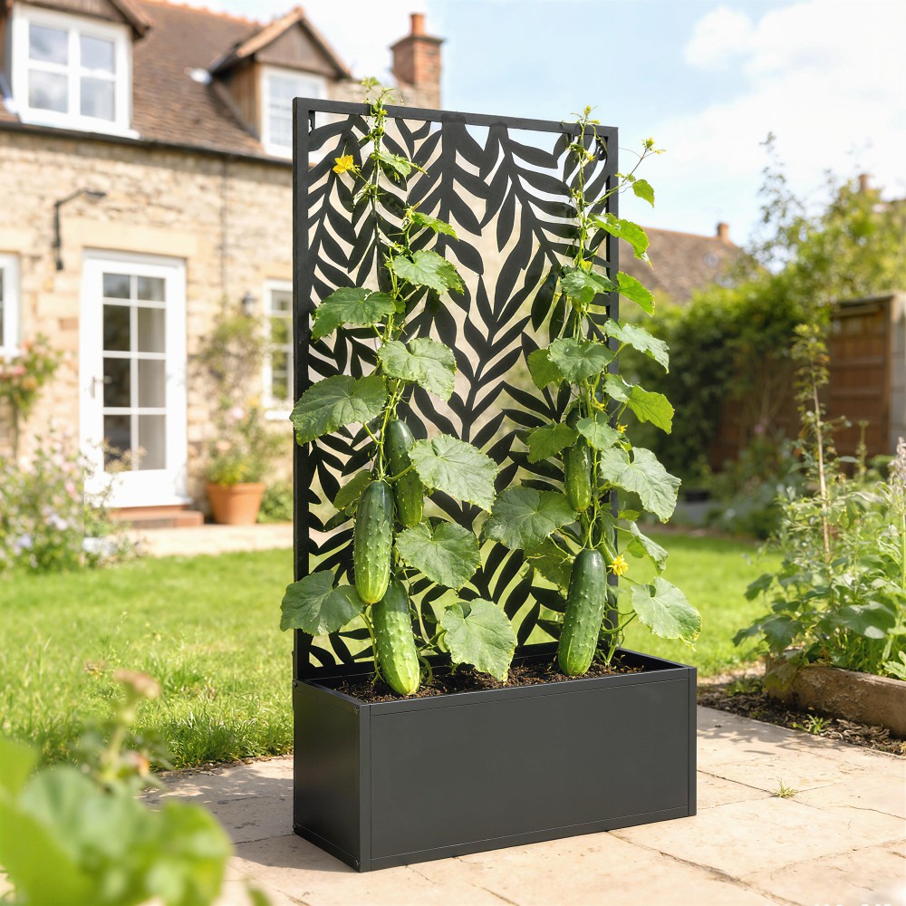 Κουτί λουλουδιών με οθόνη ιδιωτικότητας, κουτί φυτών με πέργκολα, μοτίβα τροπικών φύλλων, 61 x 23 x 113 cm, μαύρο