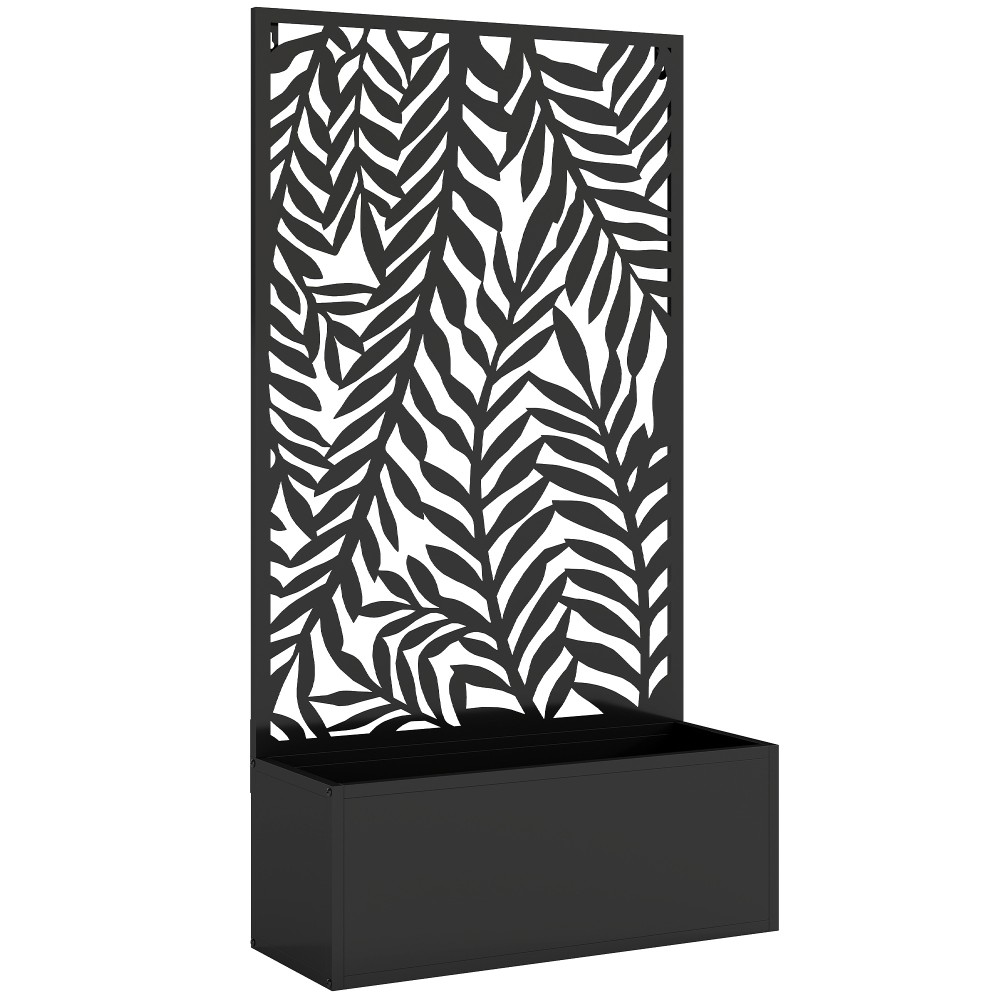 Κουτί λουλουδιών με οθόνη ιδιωτικότητας, κουτί φυτών με πέργκολα, μοτίβα τροπικών φύλλων, 61 x 23 x 113 cm, μαύρο