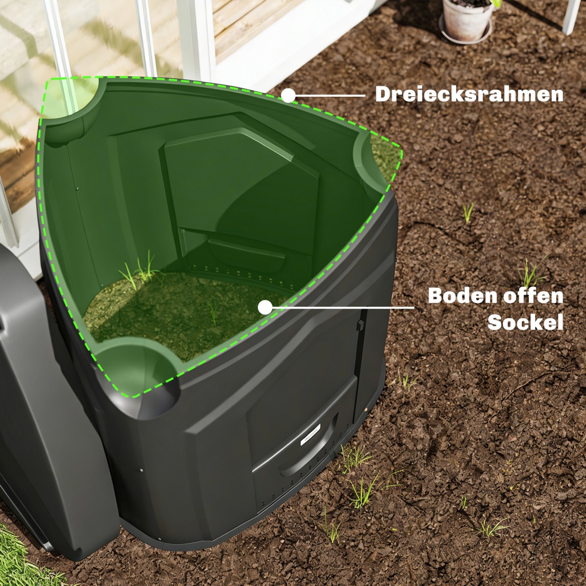 240L Garden Composter, Τριγωνικός Κάδος Κομποστοποίησης με 3 Πόρτες, Μαύρος