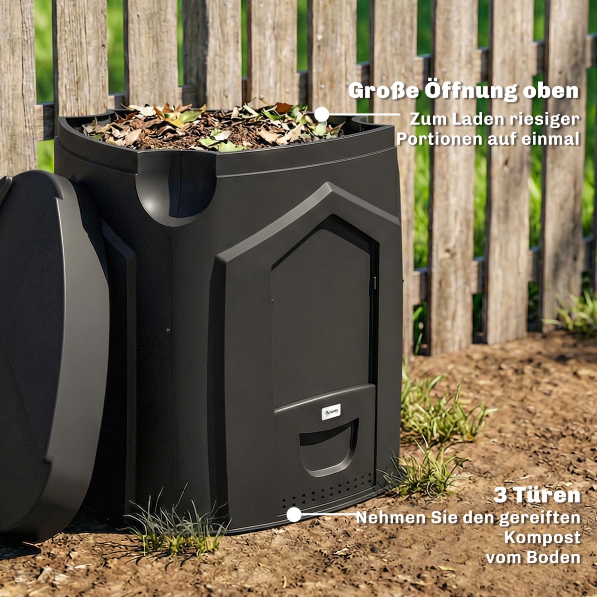 240L Garden Composter, Τριγωνικός Κάδος Κομποστοποίησης με 3 Πόρτες, Μαύρος