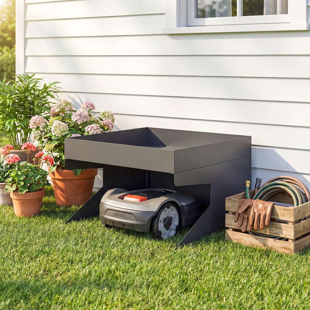 Robotic Lawnmower Garage Steel 75 x 70 x 46 cm Robotic Lawnmower Garage with Plant Box Μαύρο