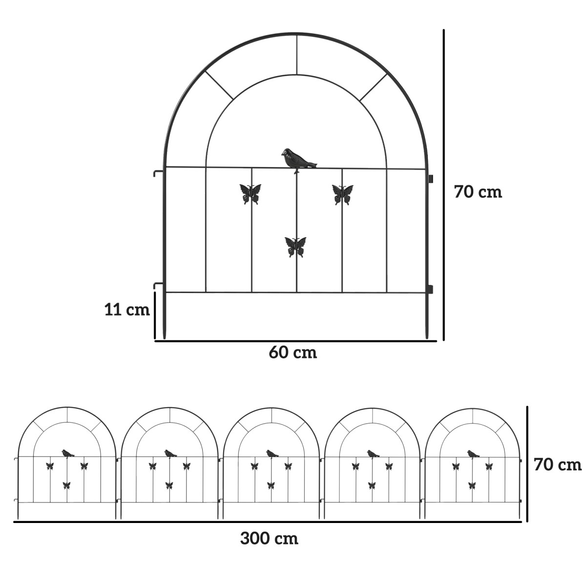Χάλυβας φράχτης κήπου 300 cm x 70 cm ύψος διακοσμητικό σετ φράχτη με πλέγμα στοιχεία φράχτη μαύρο