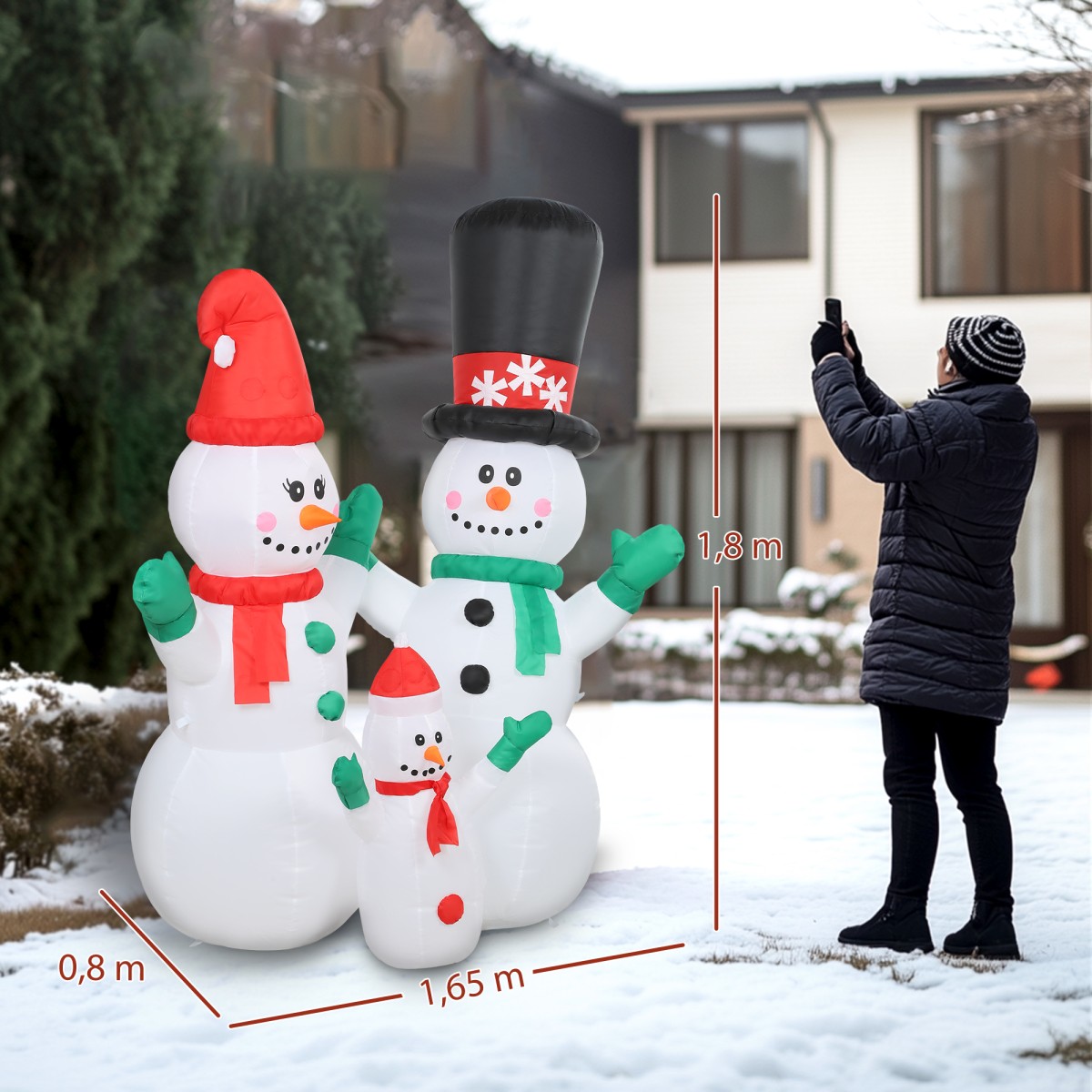 Φουσκωτό Snowman Family 1,8m Χριστουγεννιάτικη διακόσμηση με φωτισμό LED για εσωτερική και εξωτερική χρήση