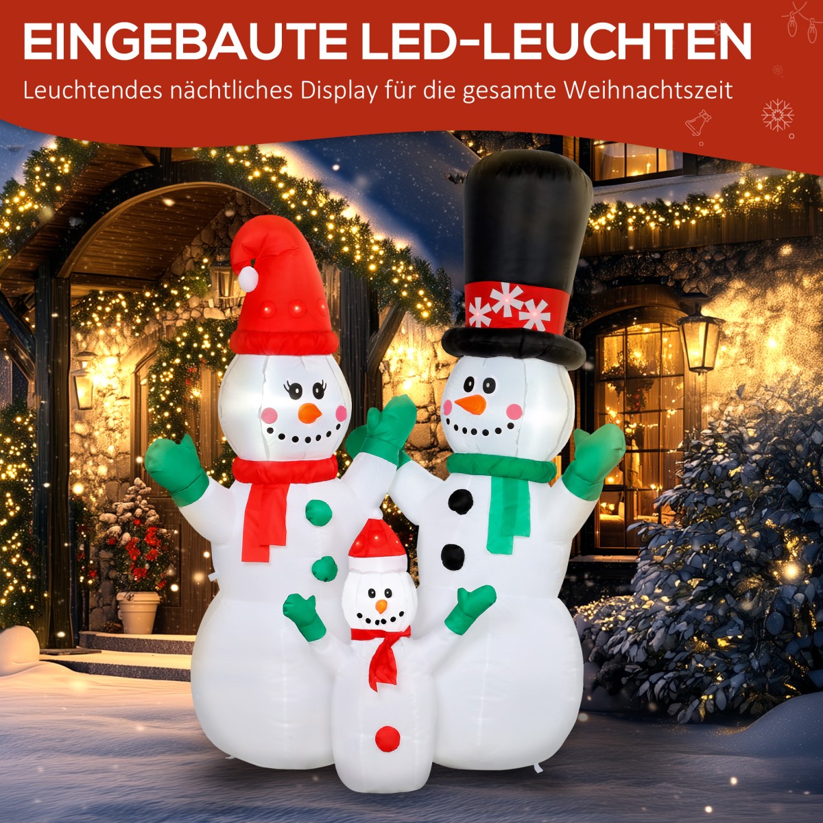 Φουσκωτό Snowman Family 1,8m Χριστουγεννιάτικη διακόσμηση με φωτισμό LED για εσωτερική και εξωτερική χρήση