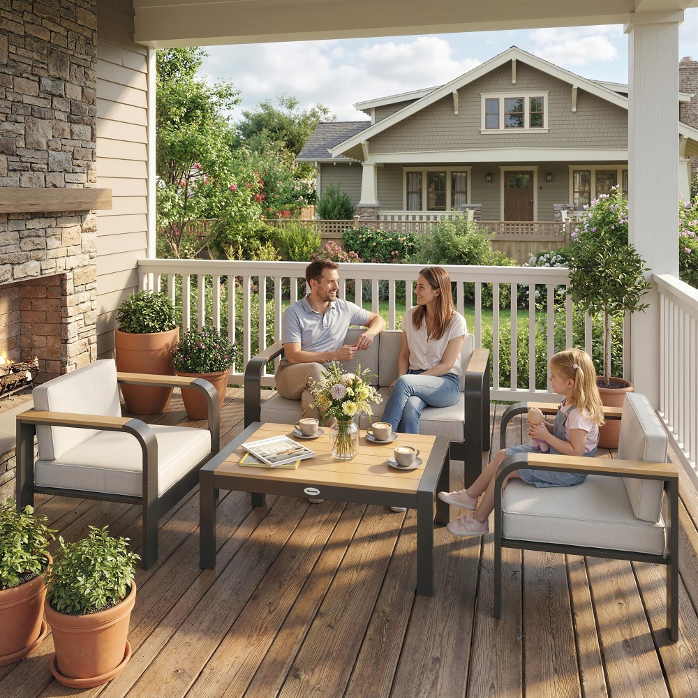 Σετ επίπλων κήπου ομάδα καθιστικών αλουμινίου για 4 άτομα, υδατοαπωθητικό, πολύ βαθύ με 2 καναπέδες, 2 πολυθρόνες, βοηθητικό τραπέζι