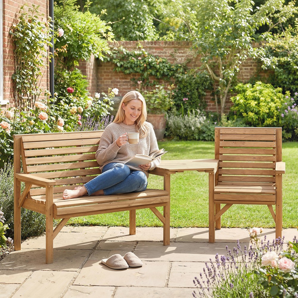 Καρέκλες κήπου σετ 3, σετ έπιπλα μπαλκονιού με τρύπα ομπρέλας, καρέκλα κήπου, πάγκος, αφαιρούμενο τραπέζι 121x65x90 cm φυσικό ξύλο