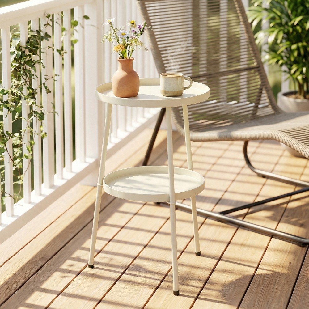 Βοηθητικό τραπέζι Ø36 cm, τραπέζι μπαλκονιού από μέταλλο, τραπεζαρία εξωτερικού χώρου, στρογγυλό τραπέζι βεράντας για κήπο, βεράντα, μπαλκόνι, κρεμ λευκό