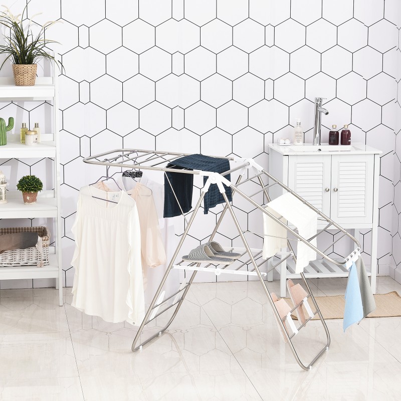 HOMCOM Στεγνωτήριο Ρούχων 1,48 m Μήκος Στεγνώματος Φορητό Στεγνωτήριο με Τηλεσκοπικές Ράβδους, Στεγνωτήριο Φτερών Στεγνωτήριο Ρούχων για Εσωτερικό και Εξωτερικό Χώρο, Ασημί+Λευκό