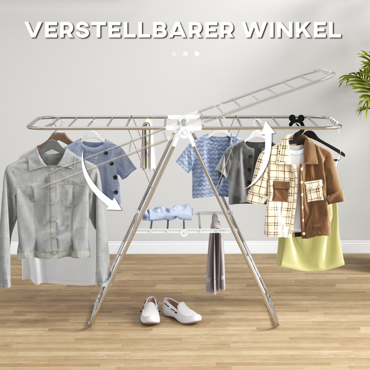 Αερωτή ρούχων μήκους στεγνώματος 1,48 μ., φορητό σταντ στεγνωτήριο με τηλεσκοπικές ράβδους, φτερό στεγνωτήριο ρούχων για εσωτερική και εξωτερική χρήση, ασημί + λευκό