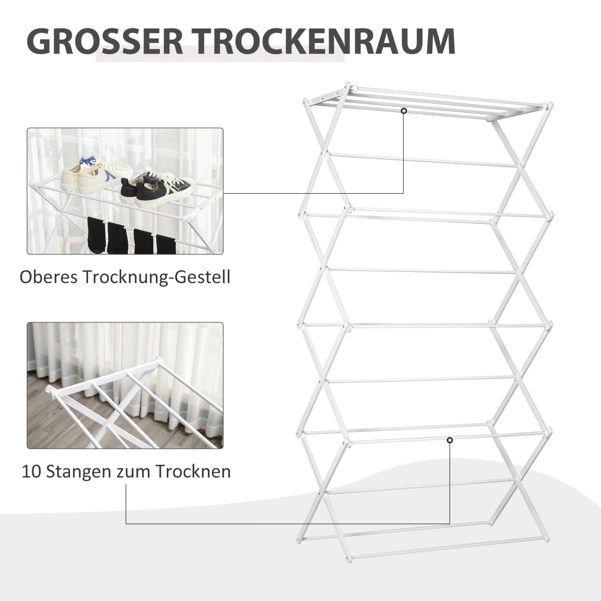 Πτυσσόμενο ράφι ρούχων Airer 8 επιπέδων Drying Rack Tower Dryer Tower Clothes Airer Drying Rack Μεταλλικό Πλαστικό Λευκό 74 x 35 x 144 cm