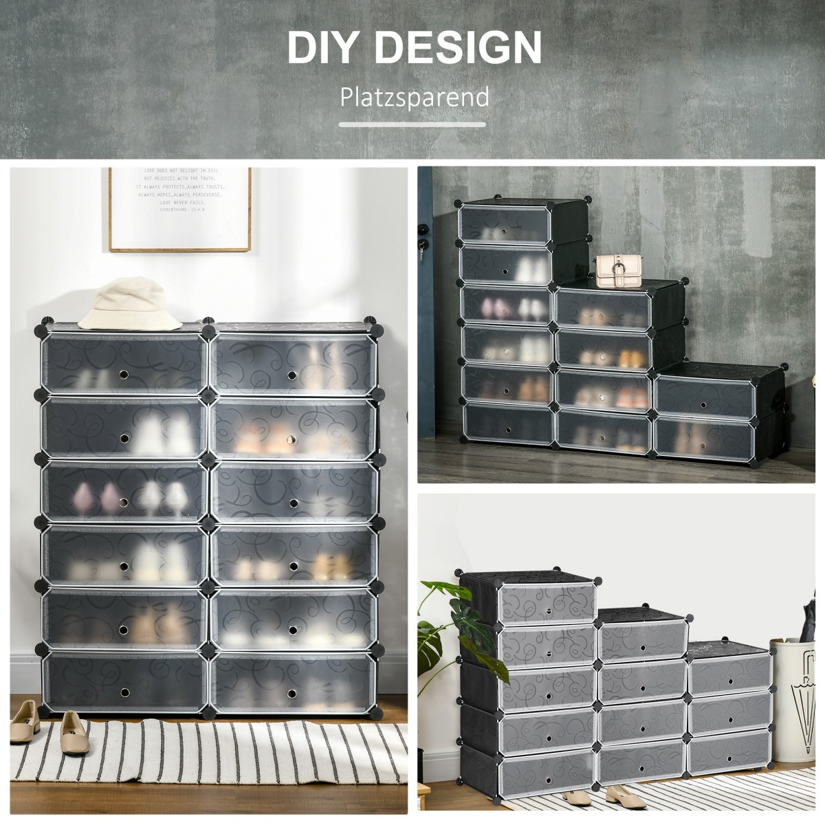 Σχάρα παπουτσιών, 12 κουτιά αποθήκευσης για 24 ζευγάρια παπούτσια, πλαστικό, μαύρο+λευκό