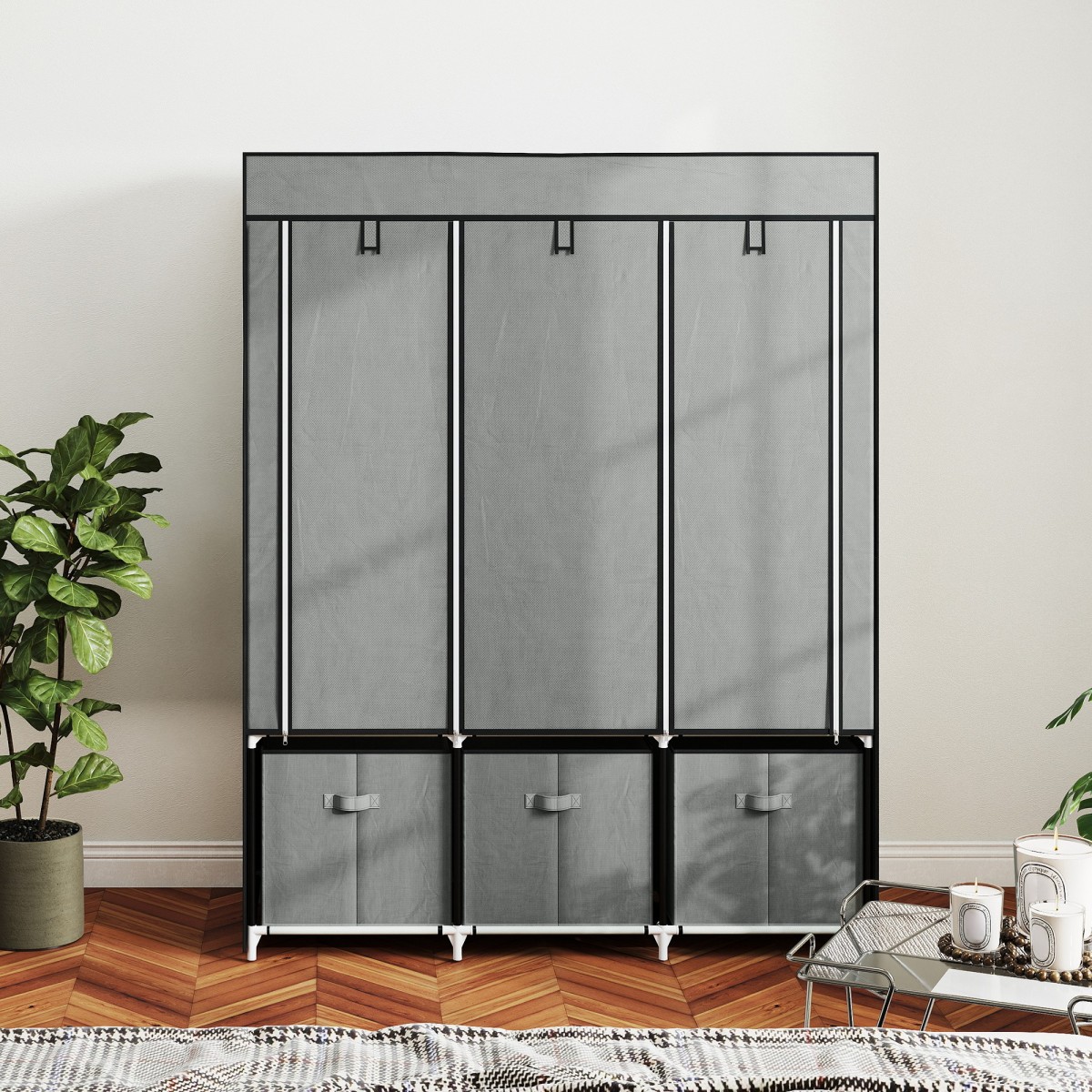 Υφασμάτινο ντουλάπι φλις, πτυσσόμενο ντουλάπι, με 3 συρτάρια, 125 cm x 43 cm x 162,5 cm, ανοιχτό γκρι