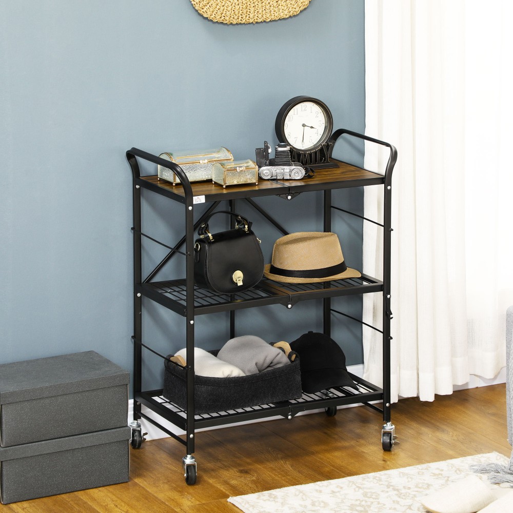 HOMCOM Τρόλεϊ Κουζίνας σε Βιομηχανικό Σχέδιο, με 3 ράφια, Πολυλειτουργικό Τρόλεϊ, Τρόλεϊ Σερβιρίσματος, 4 Ρόδες, Αναδιπλούμενο, Καφέ + Μαύρο