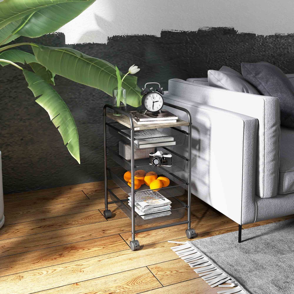 Τροχήλατο καρότσι HOMCOM με 4 καλάθια, καρότσι κουζίνας, 4 τροχοί με 2 φρένα, καρότσι πολλαπλών χρήσεων, Μαύρο, 41,5 x 31 x 66 cm